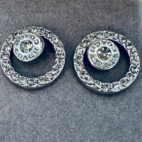 COACH Silver and Crystal Stud Earrings Open Circle Convertible Stud Signed Logo - Picture 2 of 8